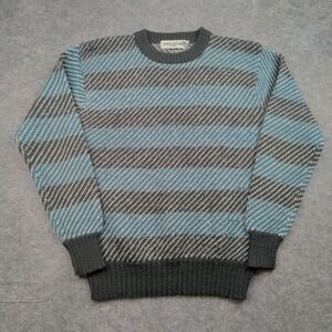 Wayne Rogers Sweater Mens Large‎ Blue Gray Striped Crewneck Knit Pullover